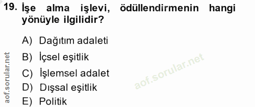 19. soru: İşe alma işlevi, ödüllendirmenin hangi yönüyle ilgilidir? A) Dağıtım adaleti B) İçsel eşitlik C) Işlemsel adalet D) D…