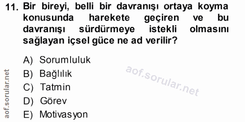11. soru: Bir bireyi, belli bir davranışı ortaya koyma konusunda harekete geçiren ve bu davranışı sürdürmeye istekli olmasını s…