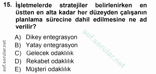 15. soru: İşletmelerde stratejiler belirlenirken en üstten en alta kadar her düzeyden çalışanın planlama sürecine dahil edilmes…
