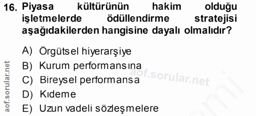 16. soru: Piyasa kültürünün hakim olduğu işletmelerde ödüllendirme stratejisi aşağıdakilerden hangisine dayalı olmalıdır? A) Ör…