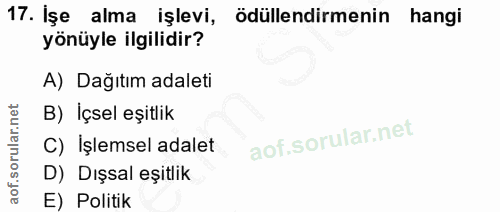 17. soru: İşe alma işlevi, ödüllendirmenin hangi yönüyle ilgilidir? A) Dağıtım adaleti B) İçsel eşitlik C) İşlemsel adalet D) D…