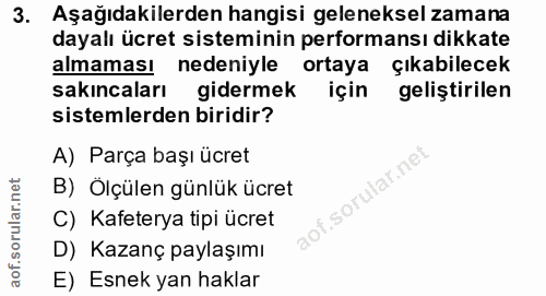 3. soru: Aşağıdakilerden hangisi geleneksel zamana dayalı ücret sisteminin performansı dikkate almaması nedeniyle ortaya çıkab…