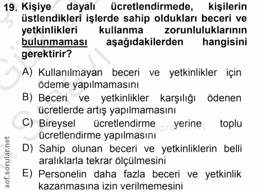 19. soru: Kişiye dayalı ücretlendirmede, kişilerin üstlendikleri işlerde sahip oldukları beceri ve yetkinlikleri kullanma zorun…