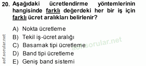20. soru: Aşağıdaki ücretlendirme yöntemlerinin hangisinde farklı değerdeki her bir iş için farklı ücret aralıkları belirlenir?…