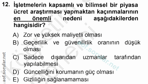 12. soru: İşletmelerin kapsamlı ve bilimsel bir piyasa ücret araştırması yapmaktan kaçınmalarının en önemli nedeni aşağıdakiler…