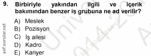 9. soru: Birbiriyle yakından ilgili ve içerik bakımından benzer iş grubuna ne ad verilir? A) Meslek B) Pozisyon C) İş ailesi D…