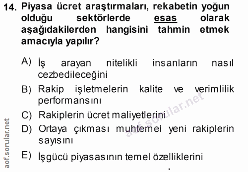 14. soru: Piyasa ücret araştırmaları, rekabetin yoğun olduğu sektörlerde esas olarak aşağıdakilerden hangisini tahmin etmek ama…