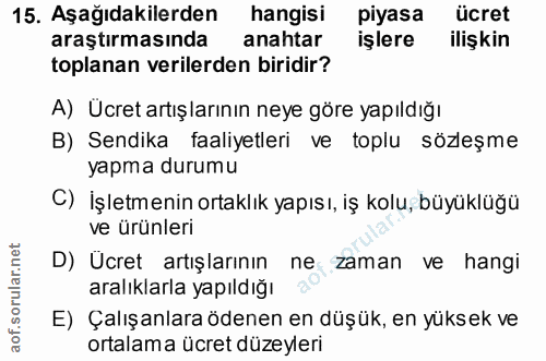 15. soru: Aşağıdakilerden hangisi piyasa ücret araştırmasında anahtar işlere ilişkin toplanan verilerden biridir? A) Ücret artı…