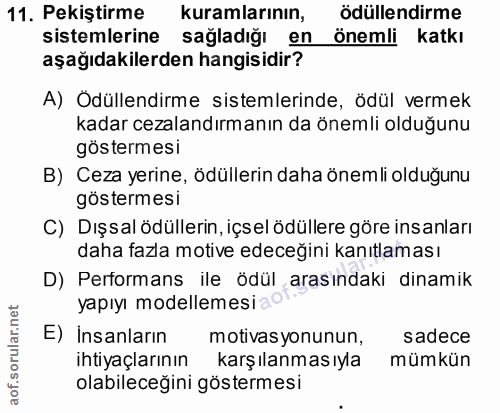 11. soru: Pekiştirme kuramlarının, ödüllendirme sistemlerine sağladığı en önemli katkı aşağıdakilerden hangisidir? A) Ödüllendi…