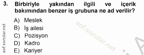 3. soru: Birbiriyle yakından ilgili ve içerik bakımından benzer iş grubuna ne ad verilir? A) Meslek B) İş ailesi C) Pozisyon D…