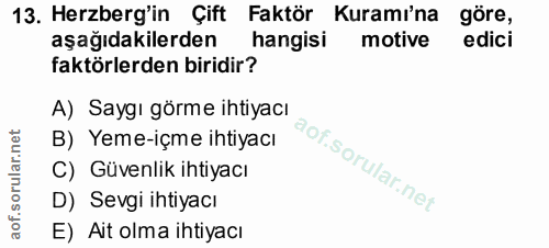 13. soru: Herzberg'in Çift Faktör Kuramı'na göre, aşağıdakilerden hangisi motive edici faktörlerden biridir? A) Saygı görme iht…