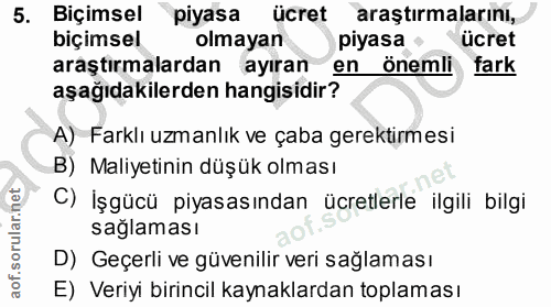 5. soru: Biçimsel piyasa ücret araştırmalarını, biçimsel olmayan piyasa ücret araştırmalardan ayıran en önemli fark aşağıdakil…