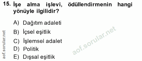 15. soru: İşe alma işlevi, ödüllendirmenin hangi yönüyle ilgilidir? A) Dağıtım adaleti rular.net B) İçsel eşitlik C) Işlemsel a…
