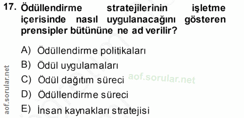 17. soru: Ödüllendirme stratejilerinin işletme içerisinde nasıl uygulanacağını gösteren prensipler bütününe ne ad verilir? A) O…