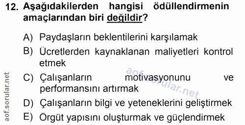12. soru: Aşağıdakilerden hangisi ödüllendirmenin amaçlarından biri değildir? A) Paydaşların beklentilerini karşılamak B) Ücret…