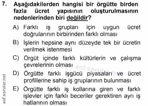 7. soru: Aşağıdakilerden hangisi bir örgütte birden fazla ücret yapısının oluşturulmasının nedenlerinden biri değildir? A) Far…