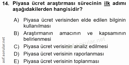 14. soru: Piyasa ücret araştırması sürecinin ilk adımı aşağıdakilerden hangisidir? A) Piyasa ücret verisinden elde edilen bilgi…