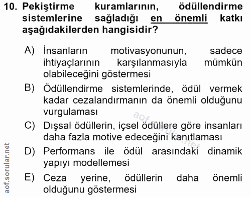 10. soru: Pekiştirme kuramlarının, ödüllendirme sistemlerine sağladığı en önemli katkı aşağıdakilerden hangisidir? A) Insanları…