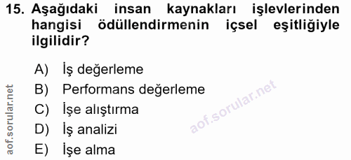 15. soru: Aşağıdaki insan kaynakları işlevlerinden hangisi ödüllendirmenin içsel eşitliğiyle ilgilidir? A) Iş değerleme B) Perf…