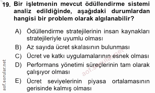 19. soru: Bir işletmenin mevcut ödüllendirme sistemi analiz edildiğinde, aşağıdaki durumlardan hangisi bir problem olarak algıl…