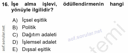 16. soru: İşe alma işlevi, ödüllendirmenin hangi yönüyle ilgilidir? A) Içsel eşitlik B) Politik C) Dağıtım adaleti em D) İşlems…