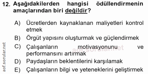 12. soru: Aşağıdakilerden hangisi ödüllendirmenin amaçlarından biri değildir? A) Ücretlerden kaynaklanan maliyetleri kontrol et…
