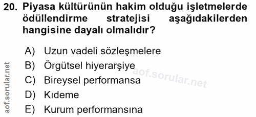 20. soru: Piyasa kültürünün hakim olduğu işletmelerde ödüllendirme stratejisi aşağıdakilerden hangisine dayalı olmalıdır? A) Uz…