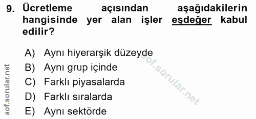 9. soru: Ucretleme açısından aşağıdakilerin hangisinde yer alan işler eşdeğer kabul edilir? A) Aynı hiyerarşık düzeyde B) Aynı…