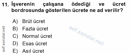 11. soru: İşverenin çalışana ödediği ve ücret bordrosunda gösterilen ücrete ne ad verilir? A) Brüt ücret B) Fazla ücret C) Norm…