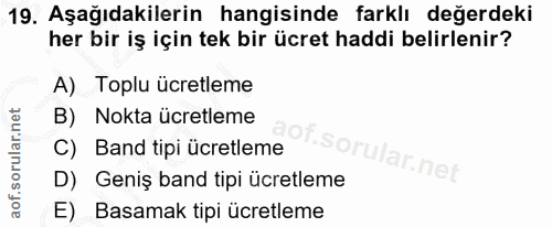19. soru: Aşağıdakilerin hangisinde farklı değerdeki her bir iş için tek bir ücret haddi belirlenir? A) Toplu ücretleme B) Nokt…