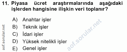 11. soru: Piyasa ücret araştırmalarında aşağıdaki işlerden hangisine ilişkin veri toplanır? A) | Anahtar işler B) Teknik işler…