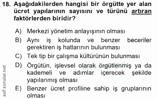 18. soru: Aşağıdakilerden hangisi bir örgütte yer alan ücret yapılarının sayısını ve türünü artıran faktörlerden biridir? A) Me…