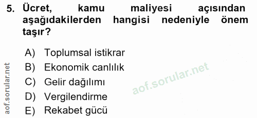 5. soru: Ucret, kamu maliyesi açısından aşağıdakilerden hangisi nedeniyle önem taşır? A) Toplumsal istikrar B) Ekonomik canlıl…