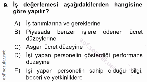 9. soru: İş değerlemesi aşağıdakilerden hangisine göre yapılır? A) İş tanımlarına ve gereklerine B) Piyasada benzer işlere öde…