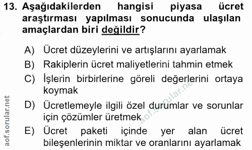 13. soru: Aşağıdakilerden hangisi piyasa ücret araştırması yapılması sonucunda ulaşılan amaçlardan biri değildir? A) Ücret düze…