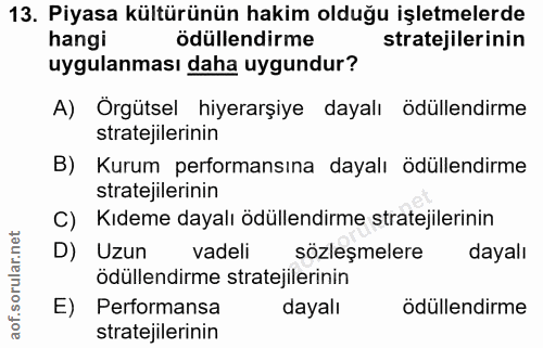 13. soru: Piyasa kültürünün hakim olduğu işletmelerde hangi ödüllendirme stratejilerinin uygulanması daha uygundur? A) Örgütsel…