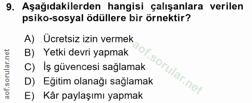 9. soru: Aşağıdakilerden hangisi çalışanlara verilen psiko-sosyal ödüllere bir örnektir? A) Ücretsiz izin vermek B) Yetki devr…