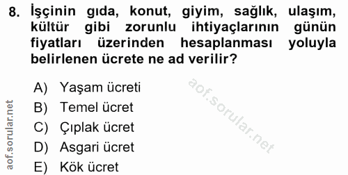 8. soru: İşçinin gıda, konut, giyim, sağlik, ulaşım, kültür gibi zorunlu ihtiyaçlarının günün fiyatları üzerinden hesaplanması…