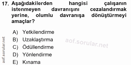 17. soru: Aşağıdakilerden hangisi çalışanın istenmeyen davranışını cezalandırmak yerine, olumlu davranışa dönüştürmeyi amaçlar?…
