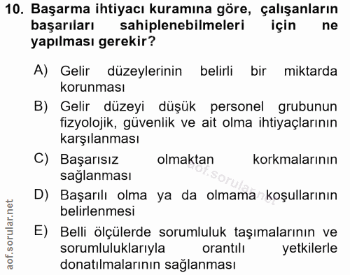 10. soru: Başarma ihtiyacı kuramına göre, çalışanların başarıları sahiplenebilmeleri için ne yapılması gerekir? A) Gelir düzeyl…