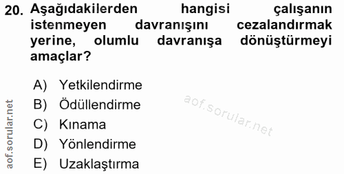 20. soru: Aşağıdakilerden hangisi çalışanın istenmeyen davranışını cezalandırmak yerine, olumlu davranışa dönüştürmeyi amaçlar?…