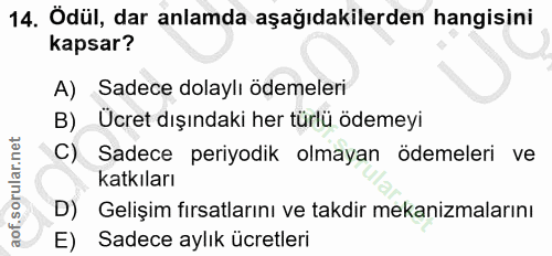 14. soru: Ödül, dar anlamda aşağıdakilerden hangisini kapsar? A) Sadece dolaylı ödemeleri B) Ücret dışındaki her türlü ödemeyi…