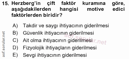 15. soru: Herzberg'in çift faktör kuramına göre, aşağıdakilerden hangisi motive edici faktörlerden biridir? A) Takdir ve saygı…
