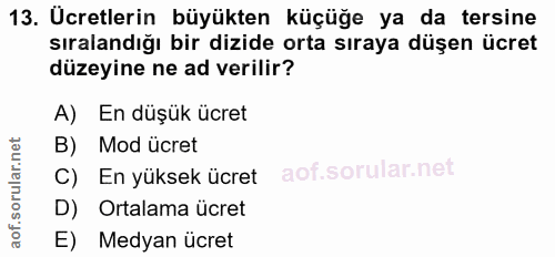 13. soru: Ucretlerin büyükten küçüğe ya da tersine sıralandığı bir dizide orta sıraya düşen ücret düzeyine ne ad verilir? A) En…