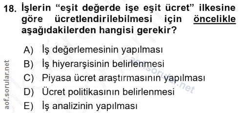 18. soru: İşlerin "eşit değerde işe eşit ücret" ilkesine göre ücretlendirilebilmesi için öncelikle aşağıdakilerden hangisi gere…