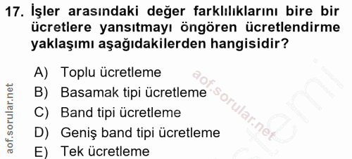 17. soru: İşler arasındaki değer farklılıklarını bire bir ücretlere yansıtmayı öngören ücretlendirme yaklaşımı aşağıdakilerden…