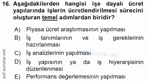 16. soru: Aşağıdakilerden hangisi işe dayalı ücret yapılarında işlerin ücretlendirilmesi sürecini oluşturan temel adımlardan bi…