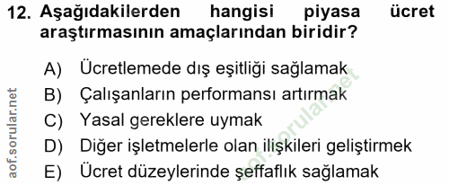 12. soru: Aşağıdakilerden hangisi piyasa ücret araştırmasının amaçlarından biridir? A) Ücretlemede dış eşitliği sağlamak B) Çal…