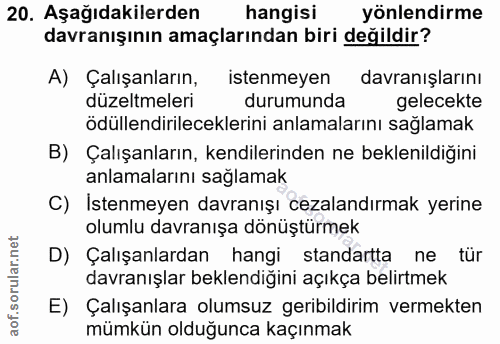 20. soru: Aşağıdakilerden hangisi yönlendirme davranışının amaçlarından biri değildir? A) Çalışanların, istenmeyen davranışları…