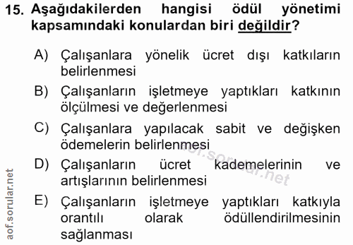 15. soru: Aşağıdakilerden hangisi ödül yönetimi kapsamındaki konulardan biri değildir? A) Çalışanlara yönelik ücret dışı katkıl…